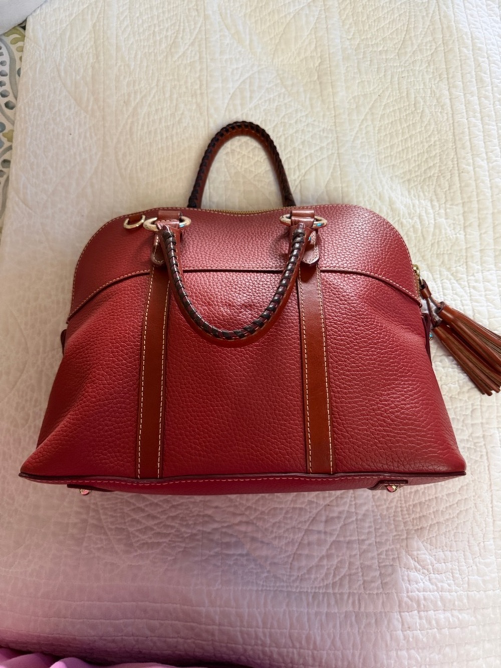 Dooney & Bourke Saddle (Reddish/Brown) Pebbled Leather Satchel with Tassel - Picture 5 of 7
